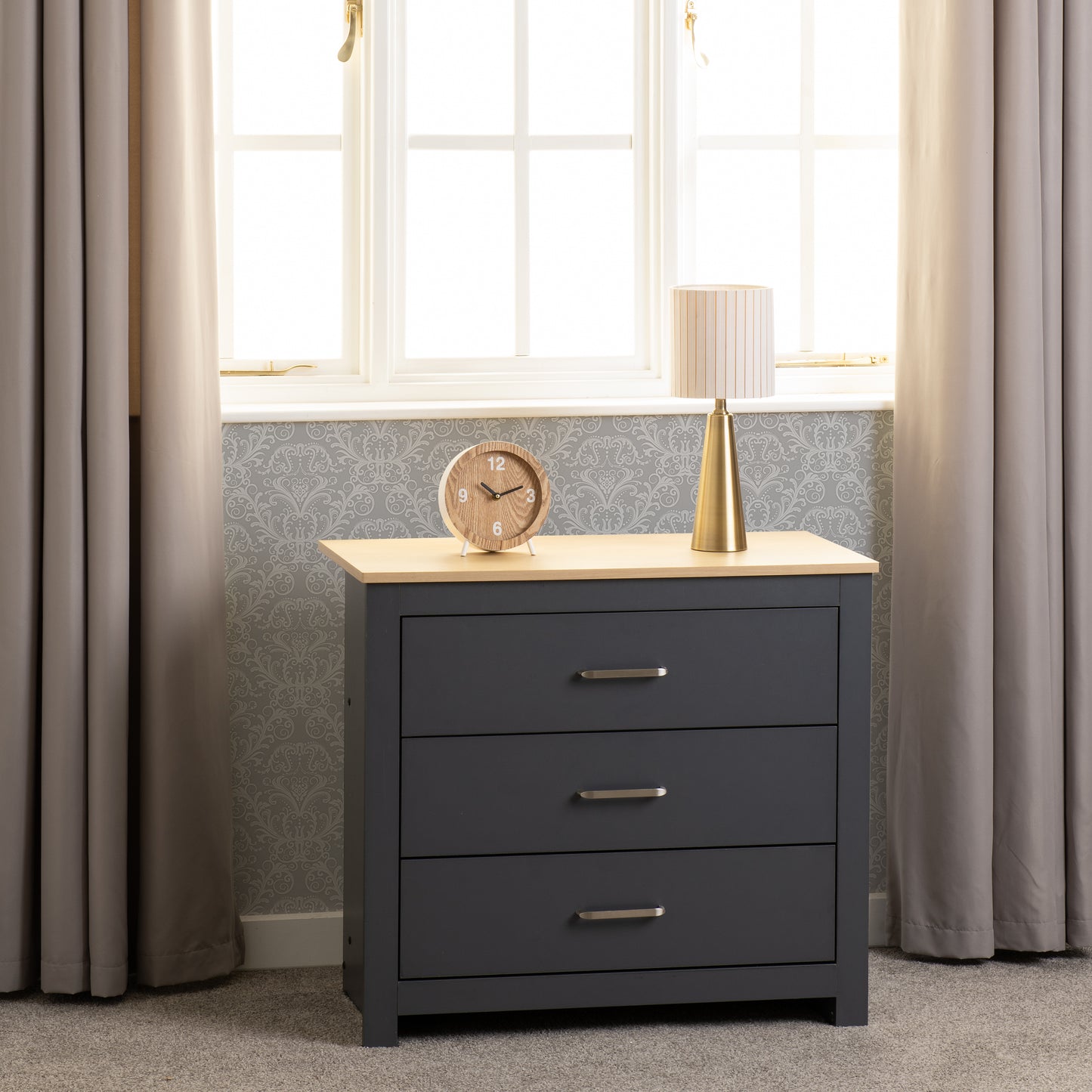 PORTLAND 3 DRAWER CHEST  - GREY/OAK EFFECT