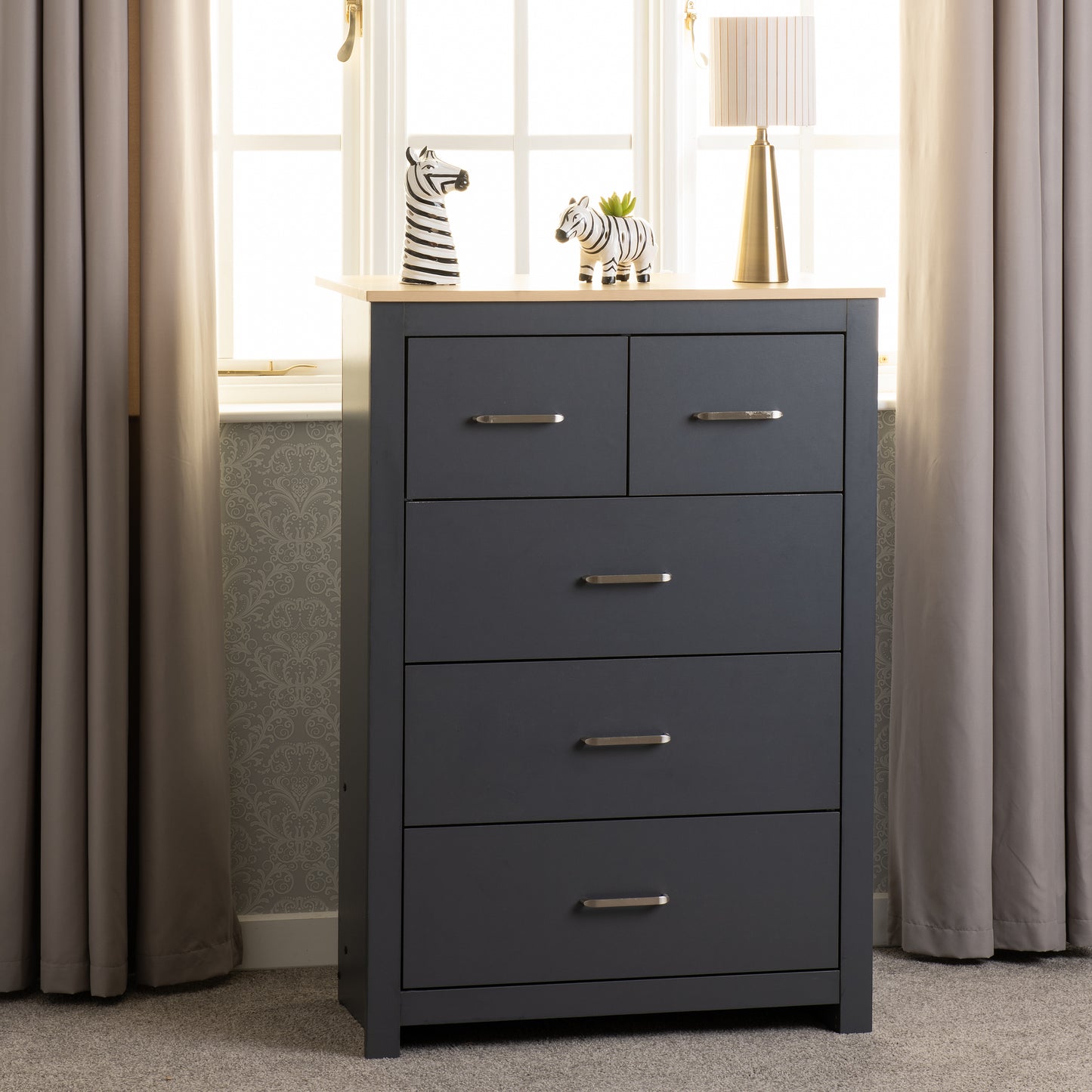 PORTLAND 3+2 DRAWER CHEST  - GREY/OAK EFFECT