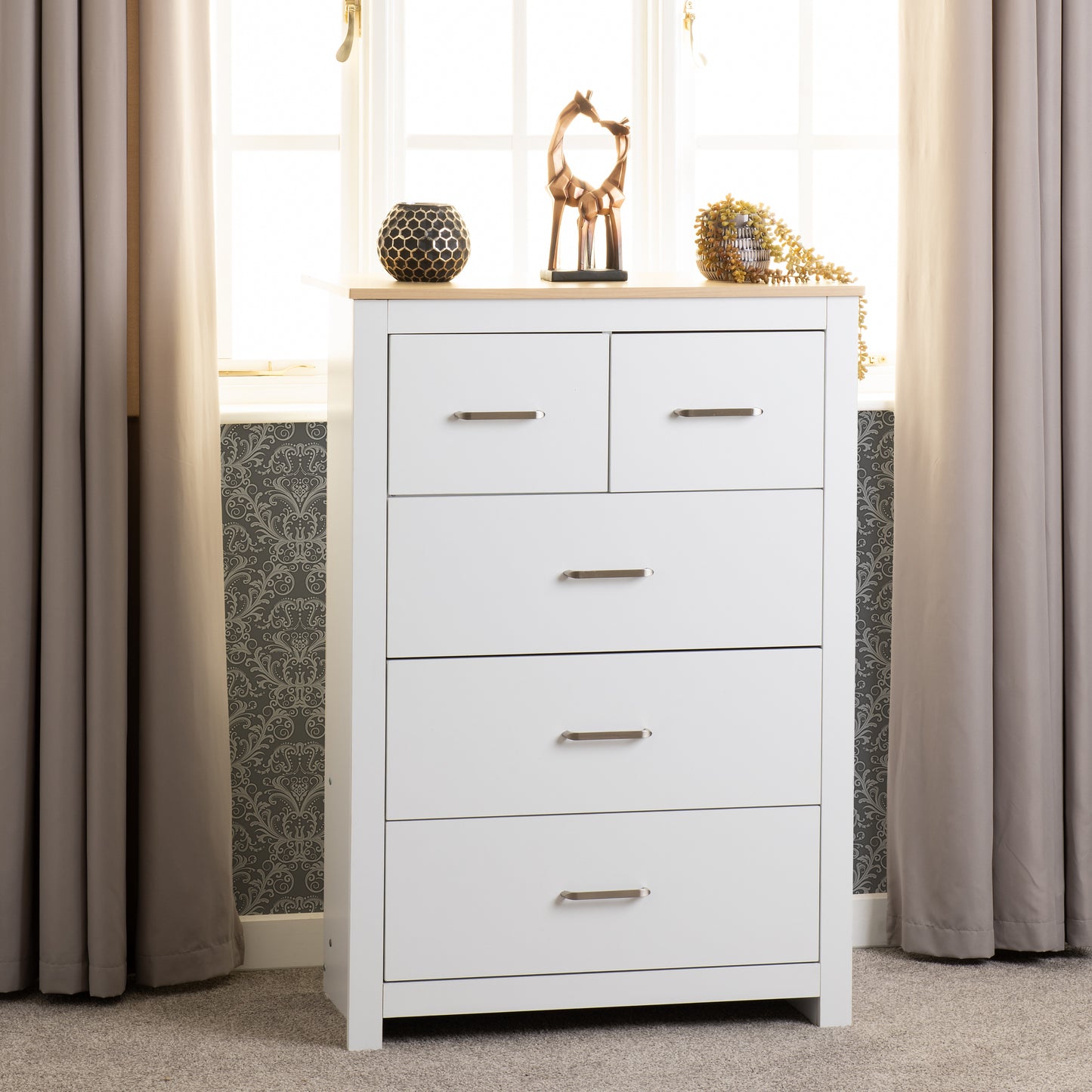 PORTLAND 3+2 DRAWER CHEST  - WHITE/OAK EFFECT