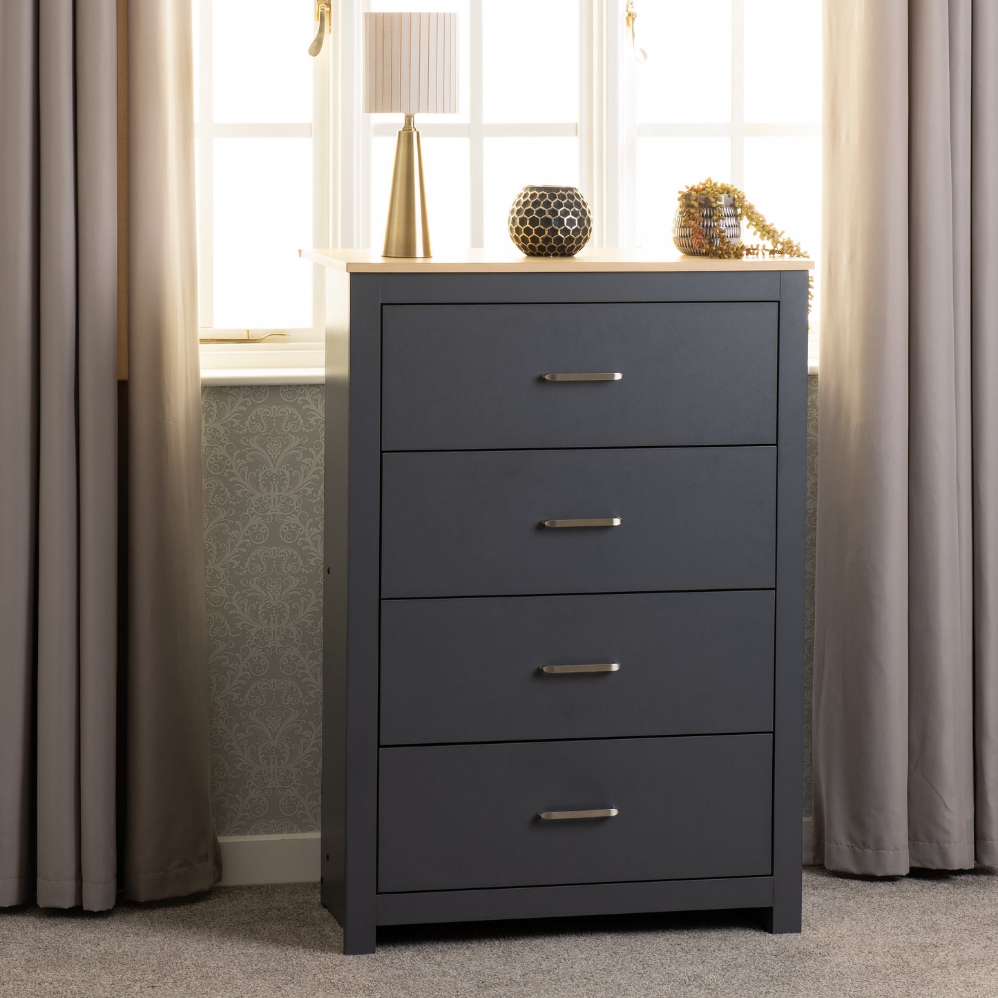 PORTLAND 4 DRAWER CHEST  - GREY/OAK EFFECT