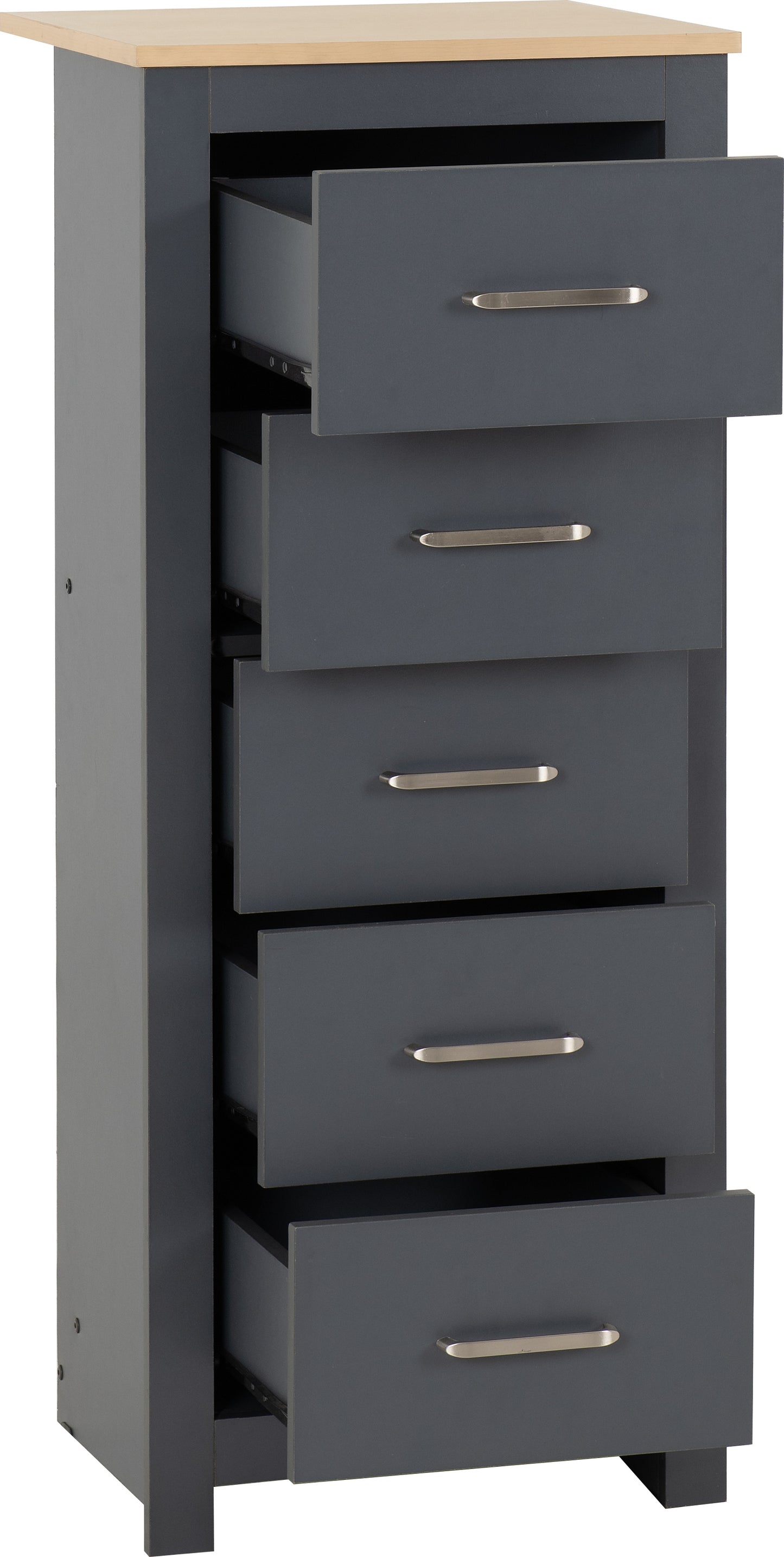 PORTLAND 5 DRAWER NARROW CHEST  - GREY/OAK EFFECT