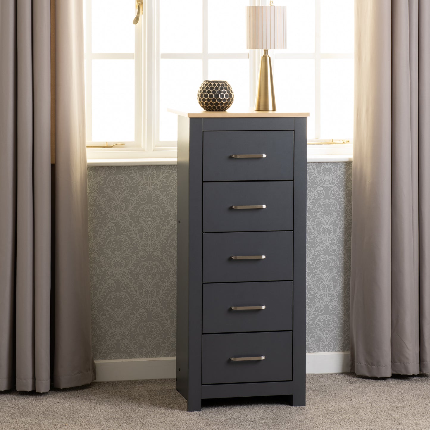 PORTLAND 5 DRAWER NARROW CHEST  - GREY/OAK EFFECT