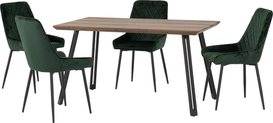 QUEBEC STRAIGHT EDGE DINING SET WITH AVERY CHAIRS - MEDIUM OAK EFFECT/BLACK/EMERALD GREEN VELVET