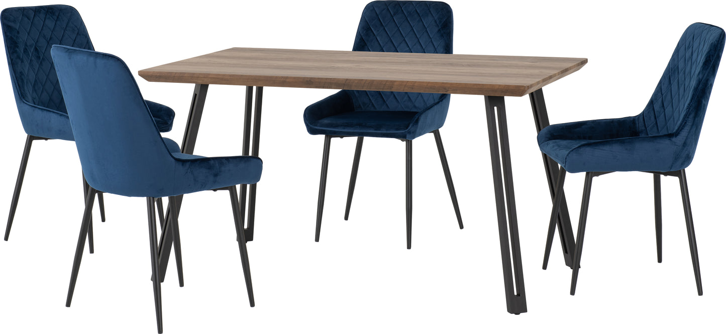 QUEBEC STRAIGHT EDGE DINING SET WITH AVERY CHAIRS - MEDIUM OAK EFFECT/BLACK/SAPPHIRE BLUE VELVET