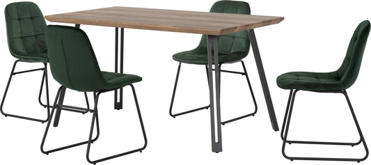 QUEBEC STRAIGHT EDGE DINING SET WITH LUKAS CHAIRS - MEDIUM OAK EFFECT/BLACK/EMERALD GREEN VELVET