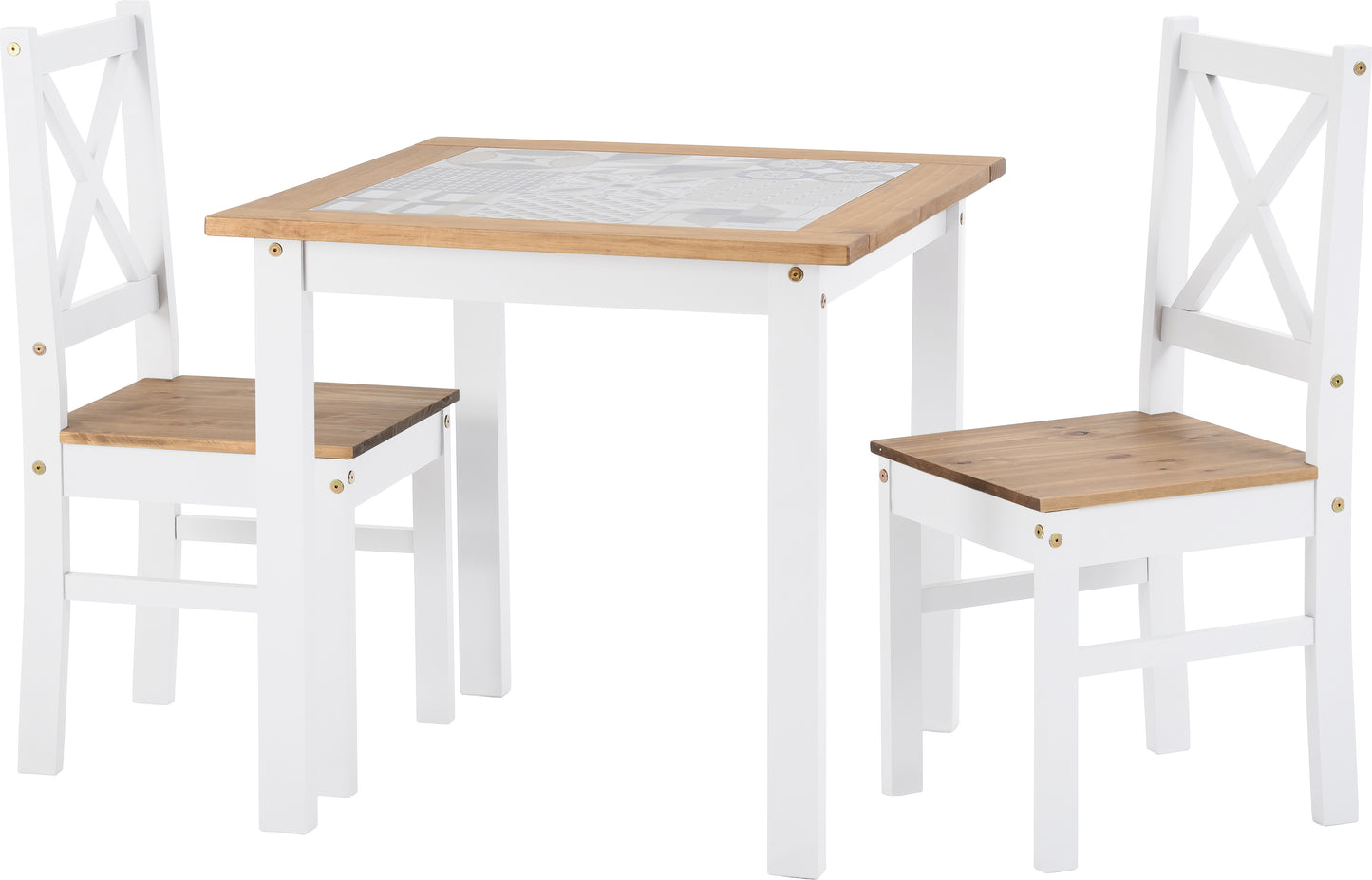 SALVADOR 1+2 TILE TOP DINING SET - WHITE/DISTRESSED WAXED PINE