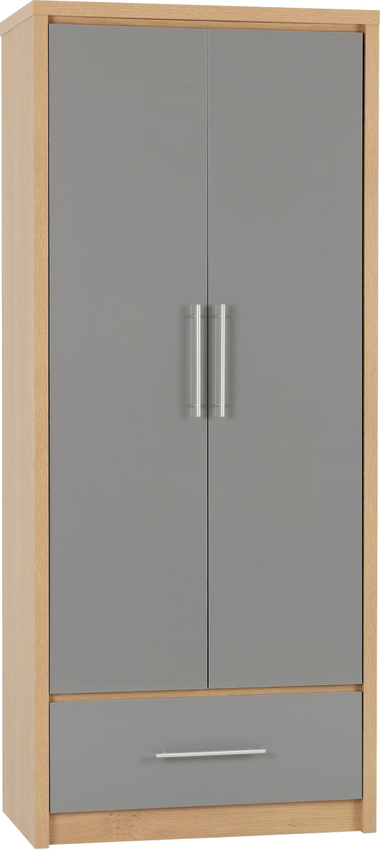 SEVILLE 2 DOOR 1 DRAWER WARDROBE - GREY HIGH GLOSS/LIGHT OAK EFFECT VENEER