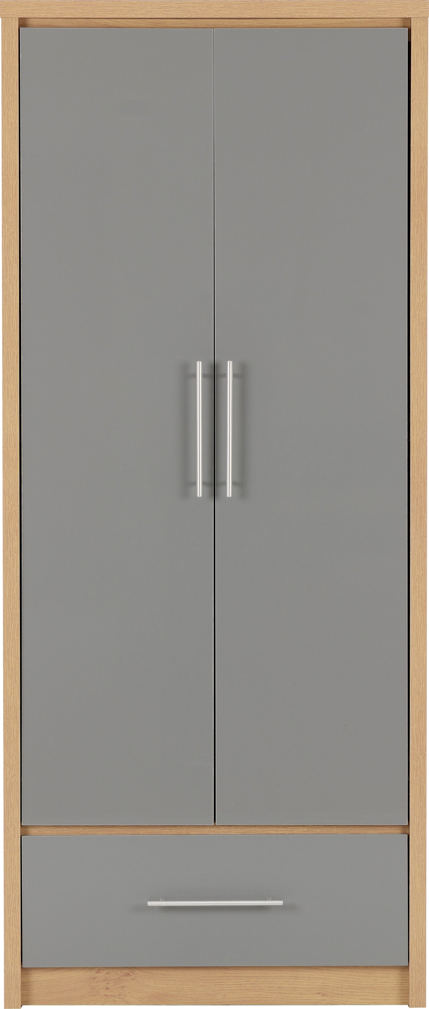 SEVILLE 2 DOOR 1 DRAWER WARDROBE - GREY HIGH GLOSS/LIGHT OAK EFFECT VENEER