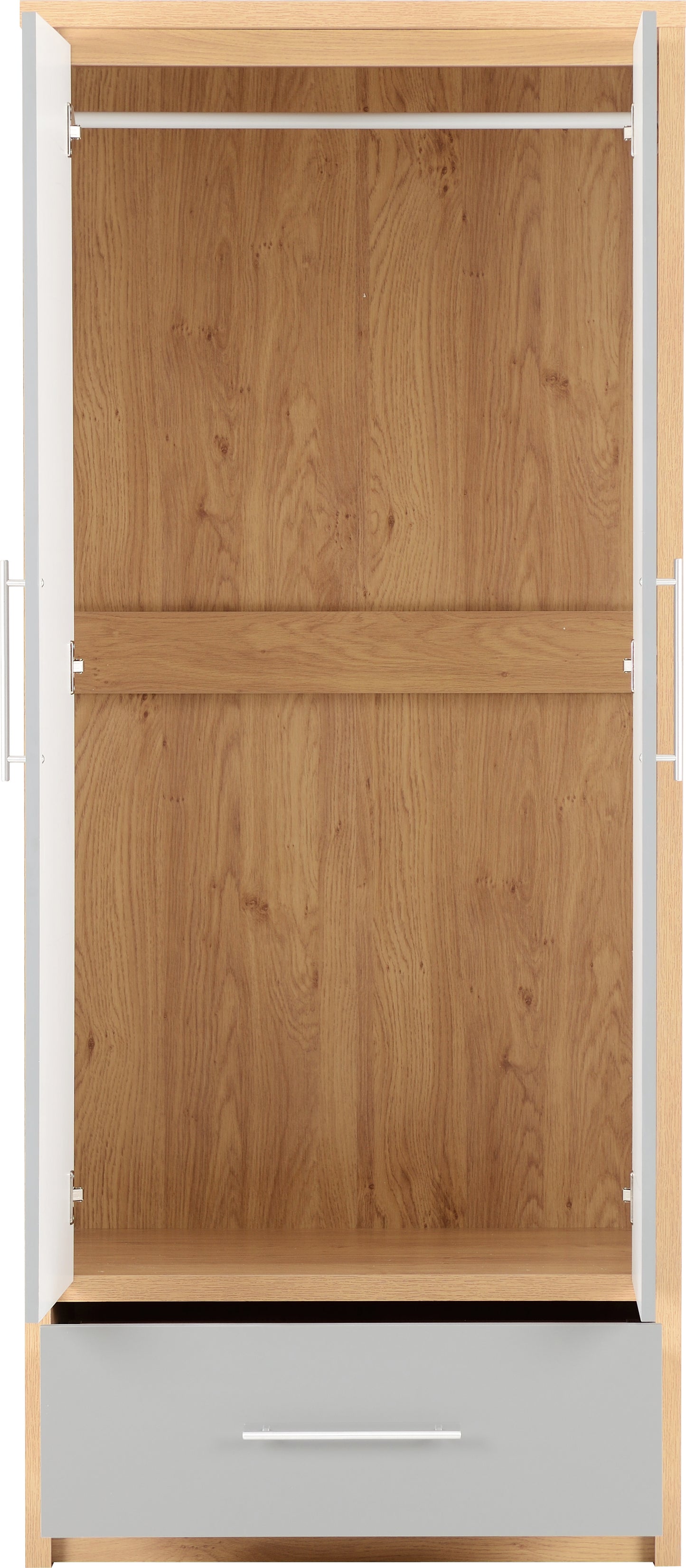 SEVILLE 2 DOOR 1 DRAWER WARDROBE - GREY HIGH GLOSS/LIGHT OAK EFFECT VENEER