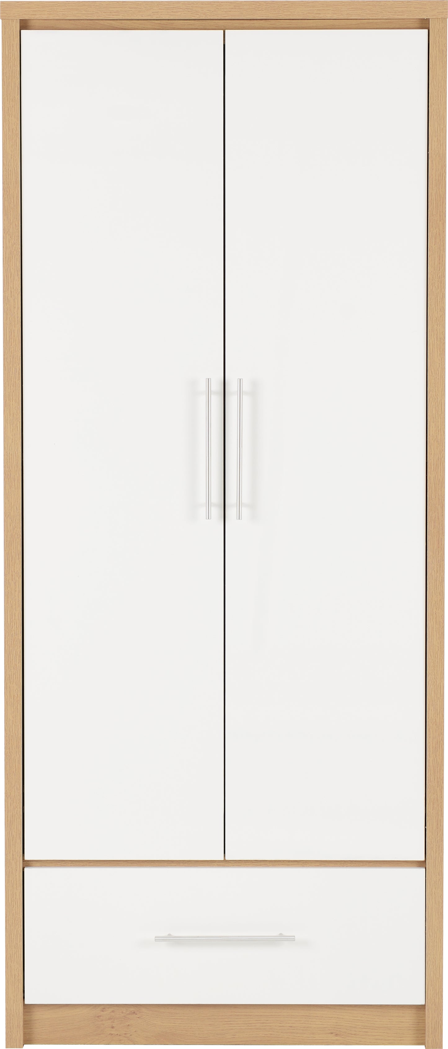 SEVILLE 2 DOOR 1 DRAWER WARDROBE - WHITE HIGH GLOSS/LIGHT OAK EFFECT VENEER