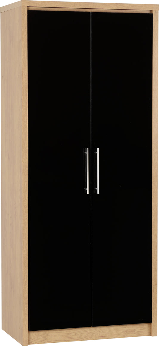 SEVILLE 2 DOOR WARDROBE - BLACK HIGH GLOSS/LIGHT OAK EFFECT VENEER