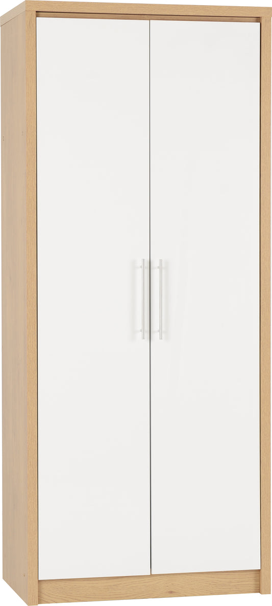 SEVILLE 2 DOOR WARDROBE - WHITE HIGH GLOSS/LIGHT OAK EFFECT VENEER