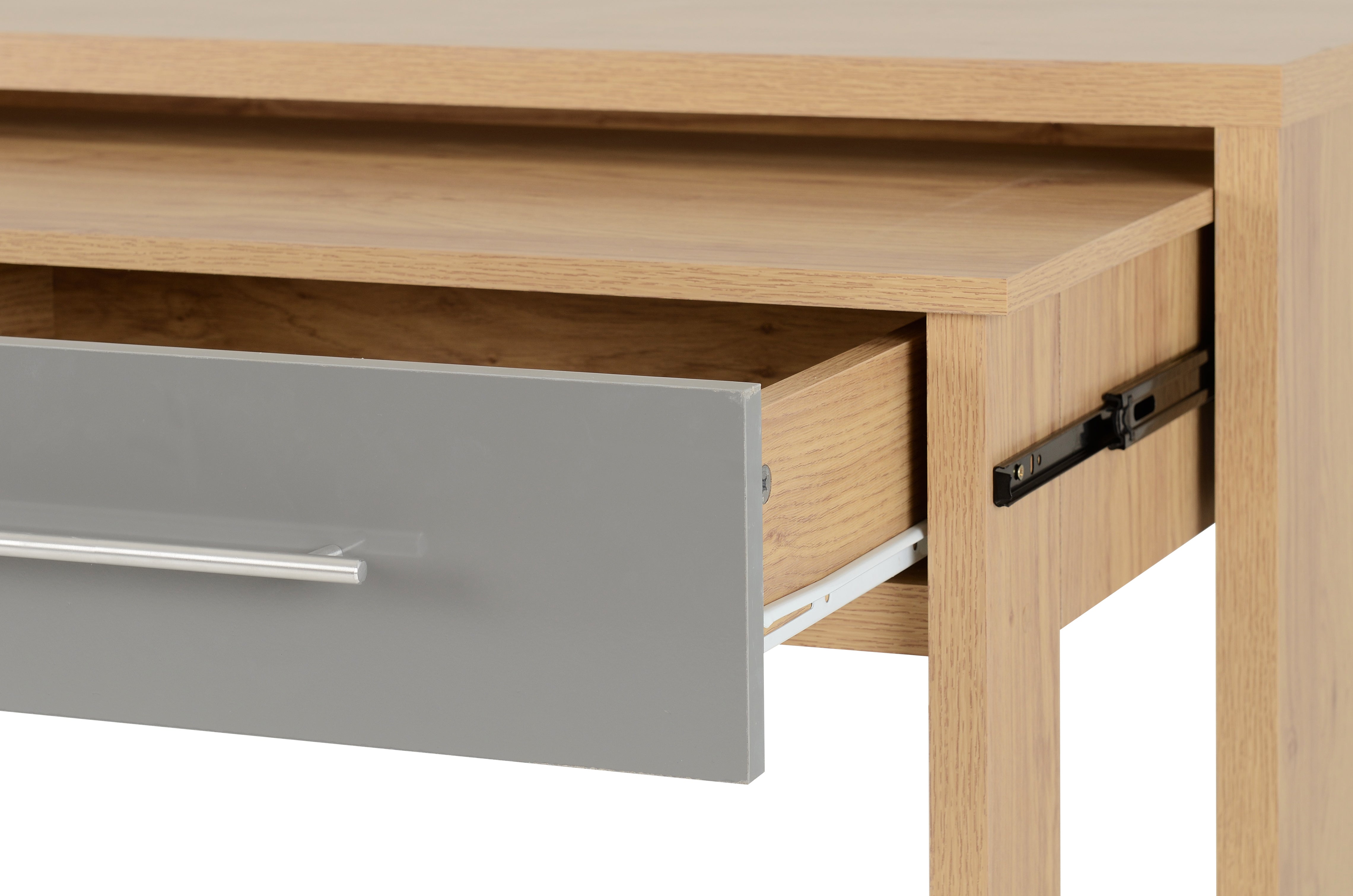 SEVILLE 2 DRAWER SLIDER DESK GREY HIGH GLOSS LIGHT OAK EFFECT VENEER Ipswich Furniture Services