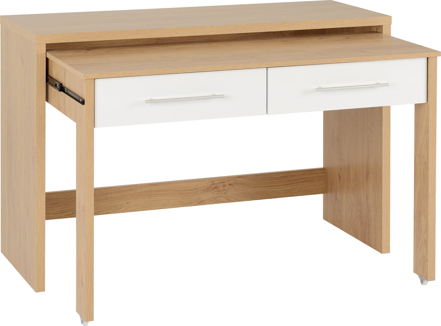 SEVILLE 2 DRAWER SLIDER DESK - WHITE HIGH GLOSS/LIGHT OAK EFFECT VENEER