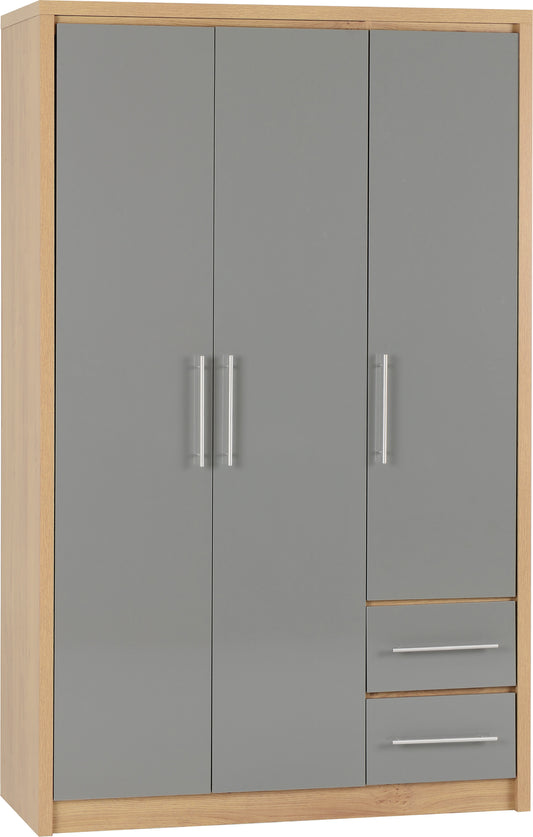 SEVILLE 3 DOOR 2 DRAWER WARDROBE - GREY HIGH GLOSS/LIGHT OAK EFFECT VENEER