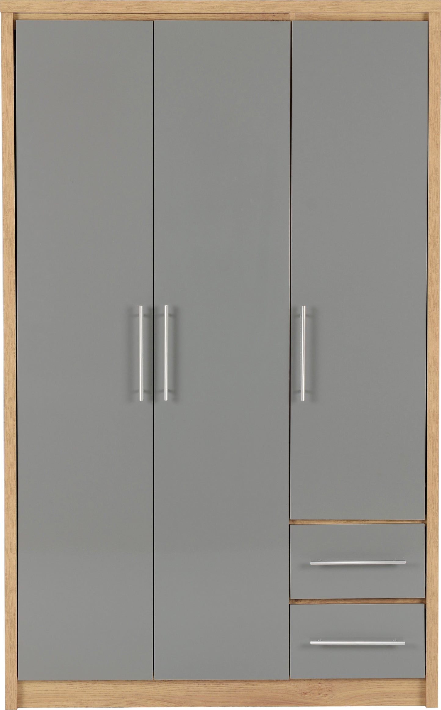 SEVILLE 3 DOOR 2 DRAWER WARDROBE - GREY HIGH GLOSS/LIGHT OAK EFFECT VENEER