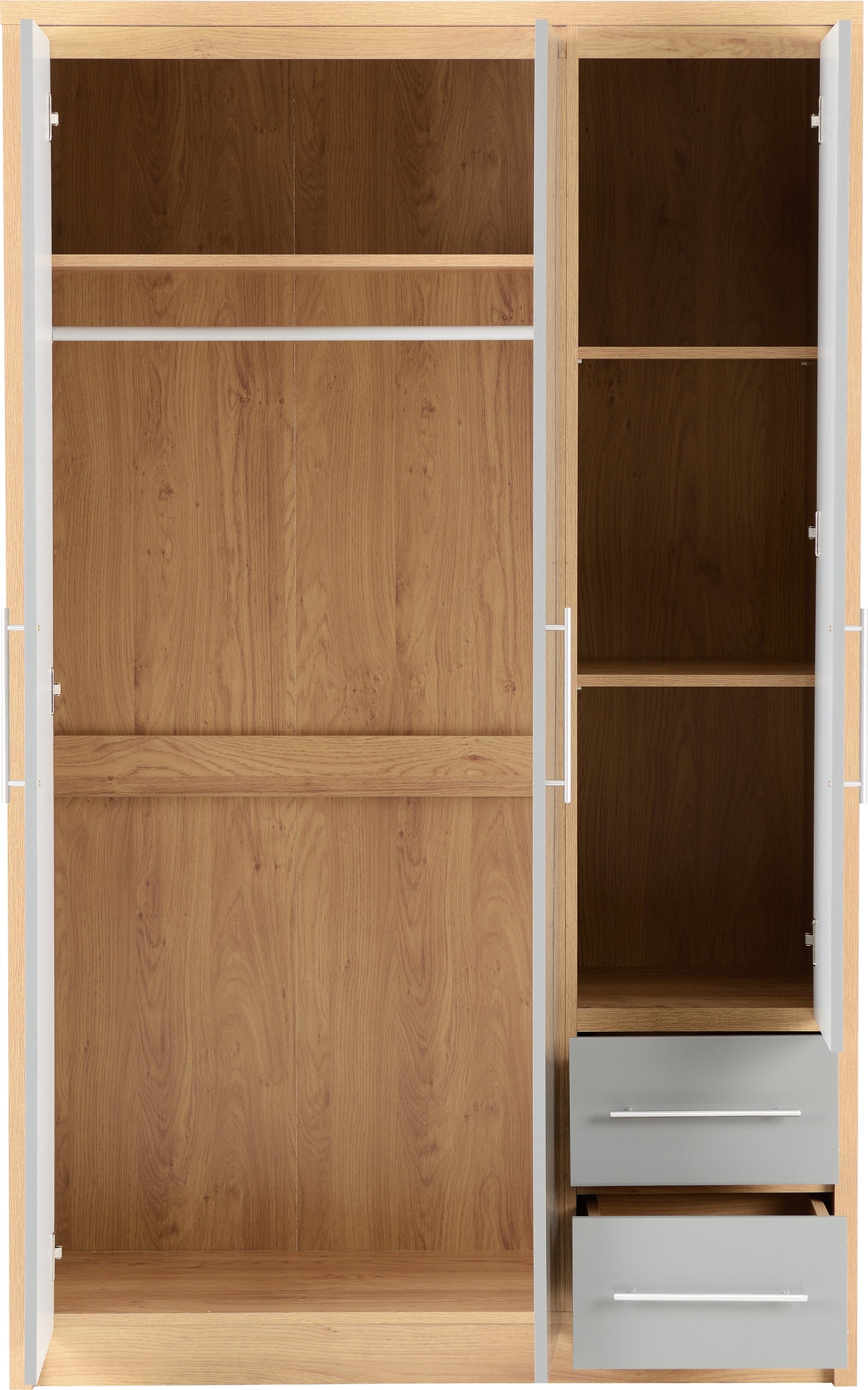 SEVILLE 3 DOOR 2 DRAWER WARDROBE - GREY HIGH GLOSS/LIGHT OAK EFFECT VENEER