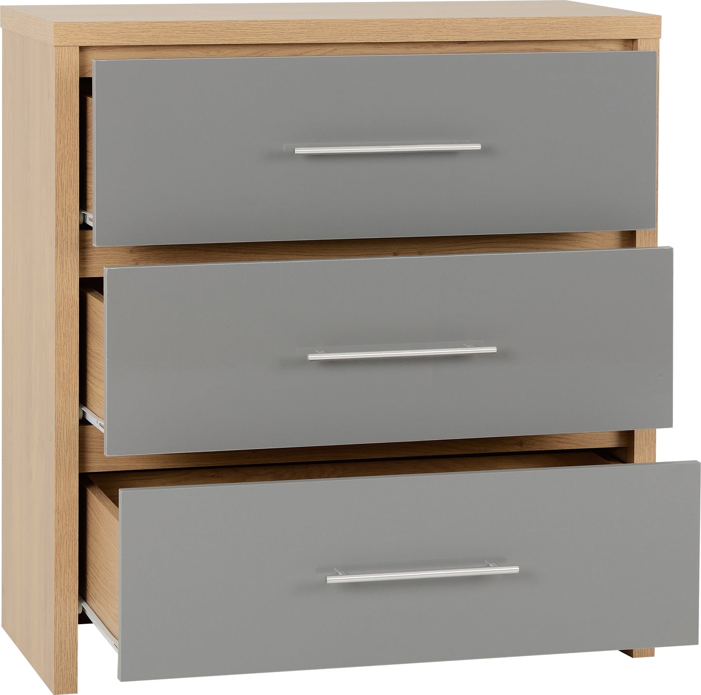 SEVILLE 3 DRAWER CHEST - GREY HIGH GLOSS/LIGHT OAK EFFECT VENEER