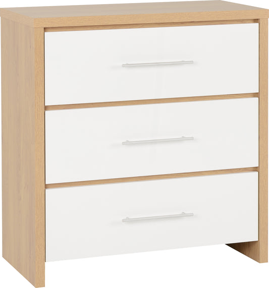 SEVILLE 3 DRAWER CHEST - WHITE HIGH GLOSS/LIGHT OAK EFFECT VENEER