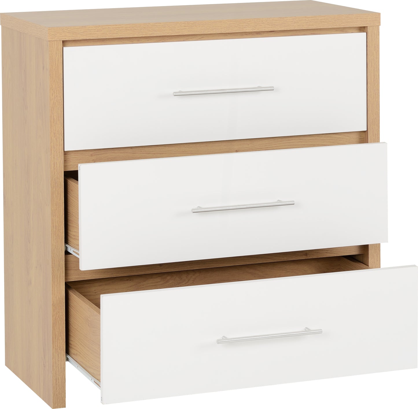 SEVILLE 3 DRAWER CHEST - WHITE HIGH GLOSS/LIGHT OAK EFFECT VENEER