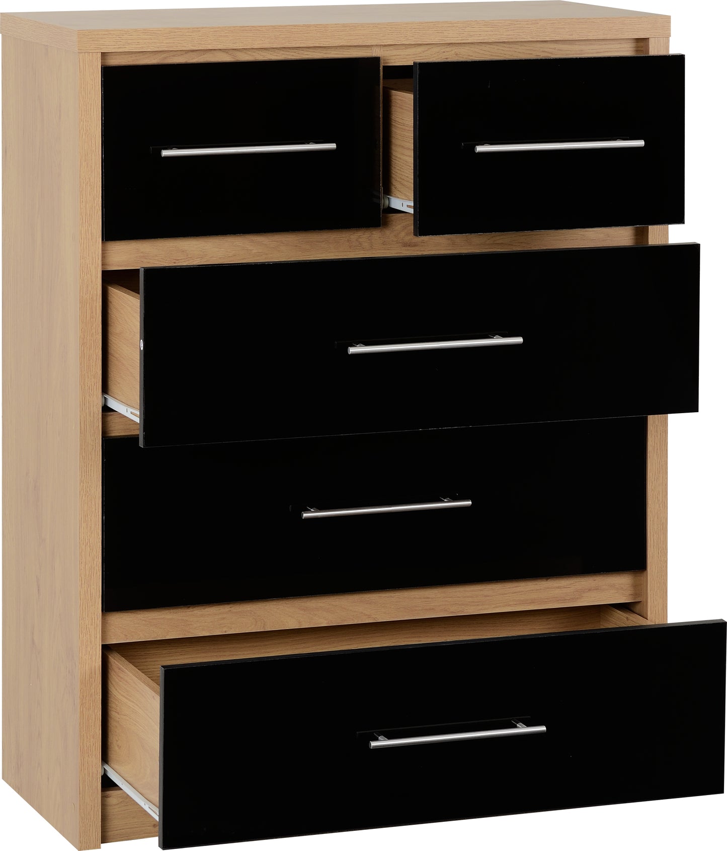 SEVILLE 3+2 DRAWER CHEST - BLACK HIGH GLOSS/LIGHT OAK EFFECT VENEER