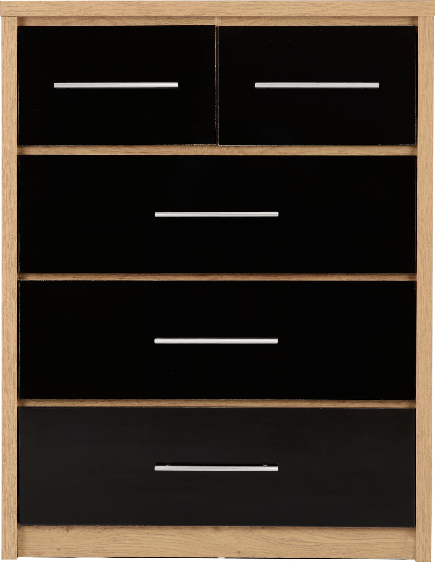 SEVILLE 3+2 DRAWER CHEST - BLACK HIGH GLOSS/LIGHT OAK EFFECT VENEER