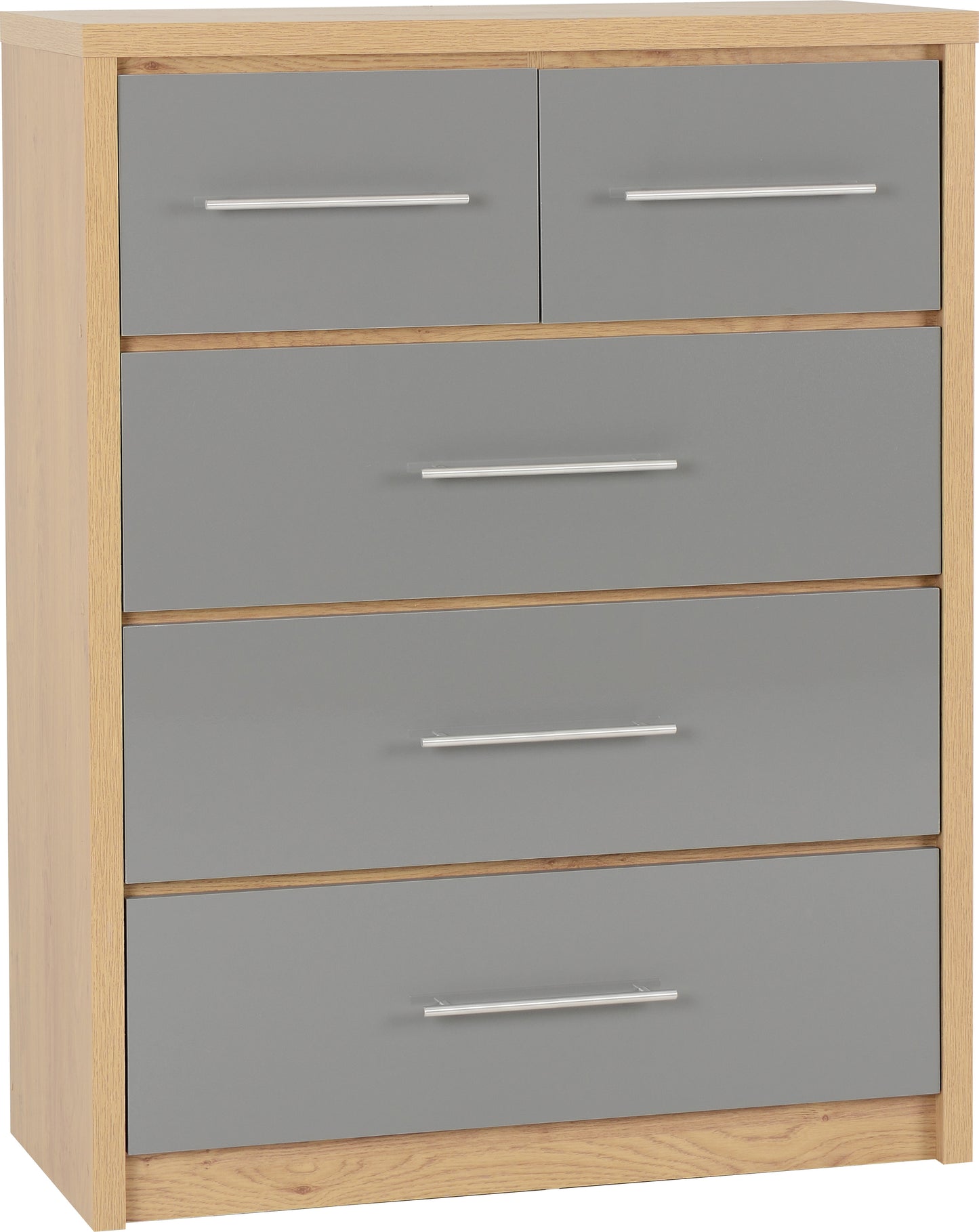 SEVILLE 3+2 DRAWER CHEST - GREY HIGH GLOSS/LIGHT OAK EFFECT VENEER