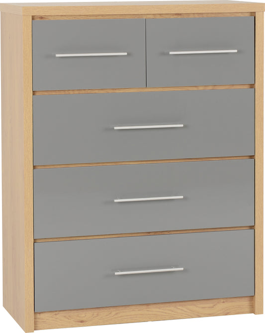 SEVILLE 3+2 DRAWER CHEST - GREY HIGH GLOSS/LIGHT OAK EFFECT VENEER