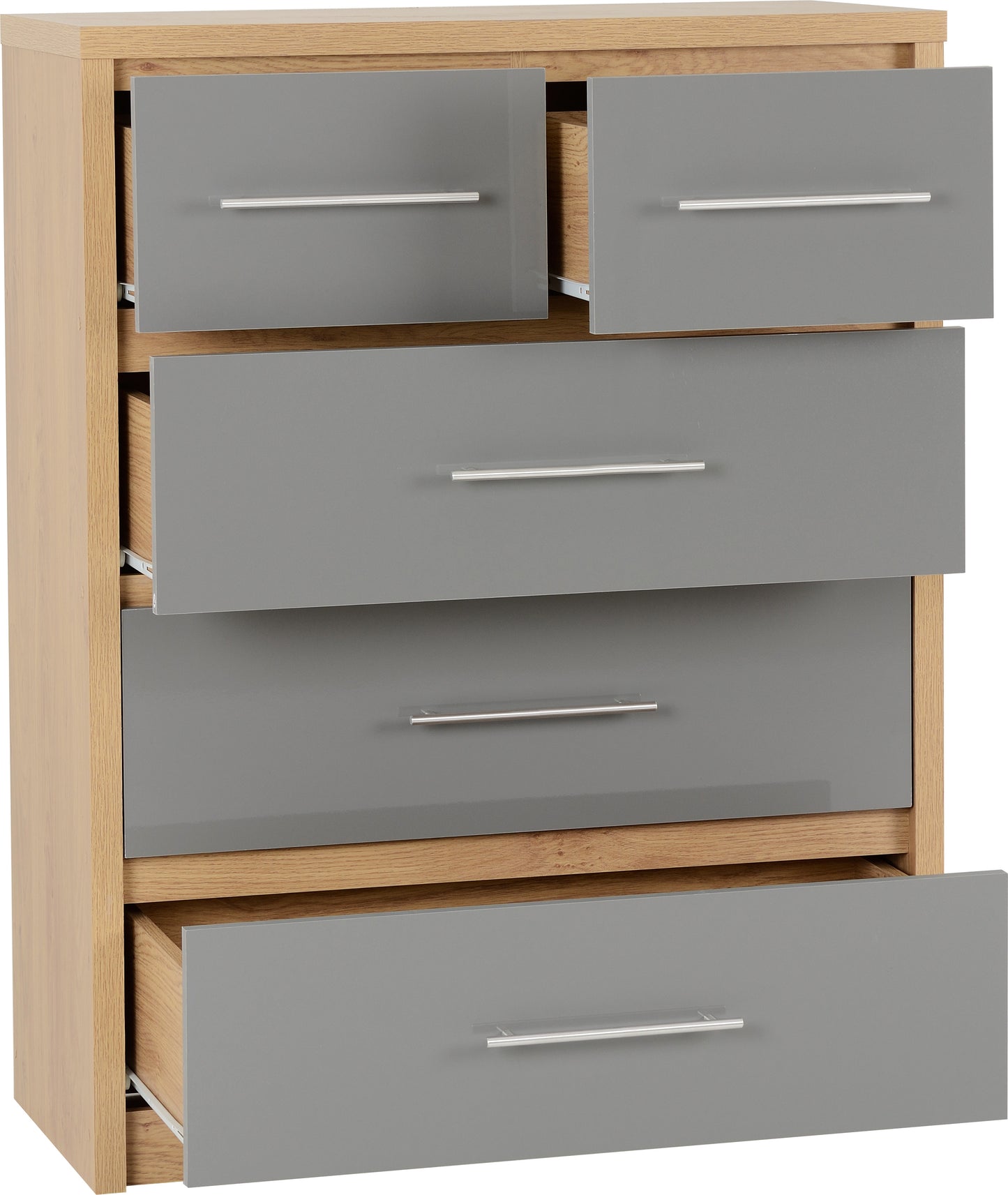 SEVILLE 3+2 DRAWER CHEST - GREY HIGH GLOSS/LIGHT OAK EFFECT VENEER