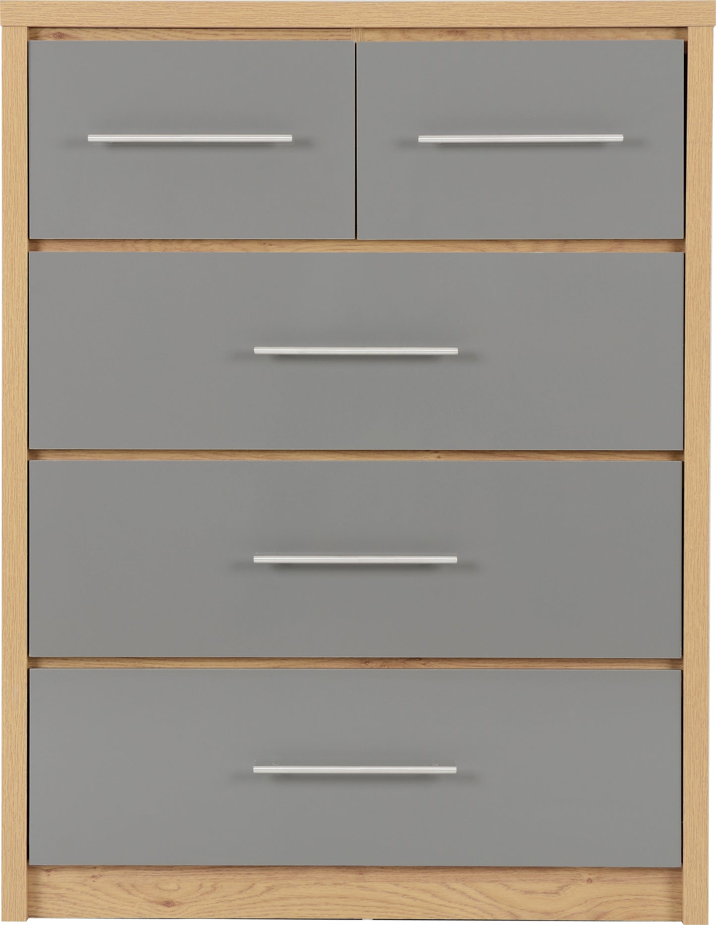 SEVILLE 3+2 DRAWER CHEST - GREY HIGH GLOSS/LIGHT OAK EFFECT VENEER