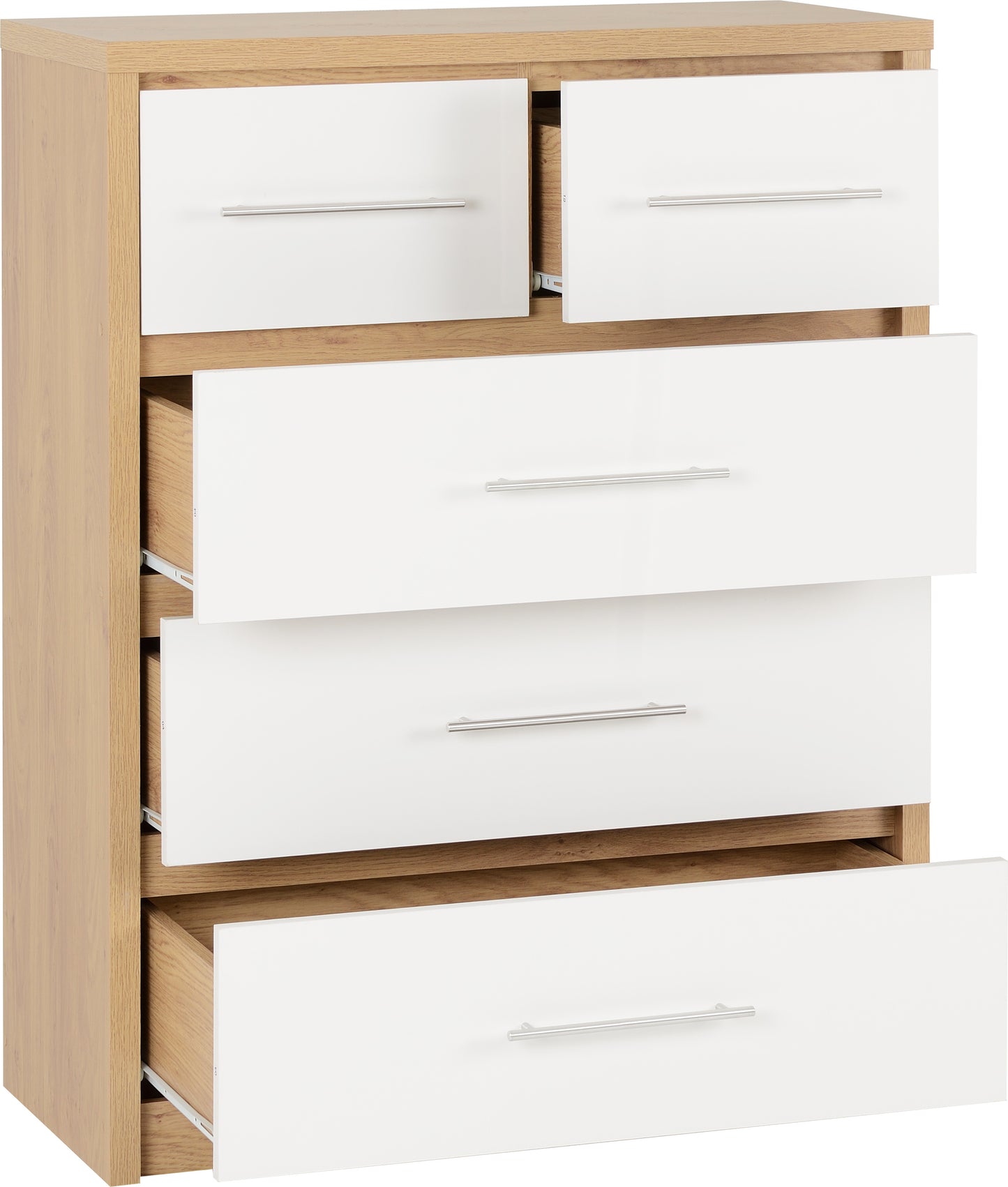 SEVILLE 3+2 DRAWER CHEST - WHITE HIGH GLOSS/LIGHT OAK EFFECT VENEER