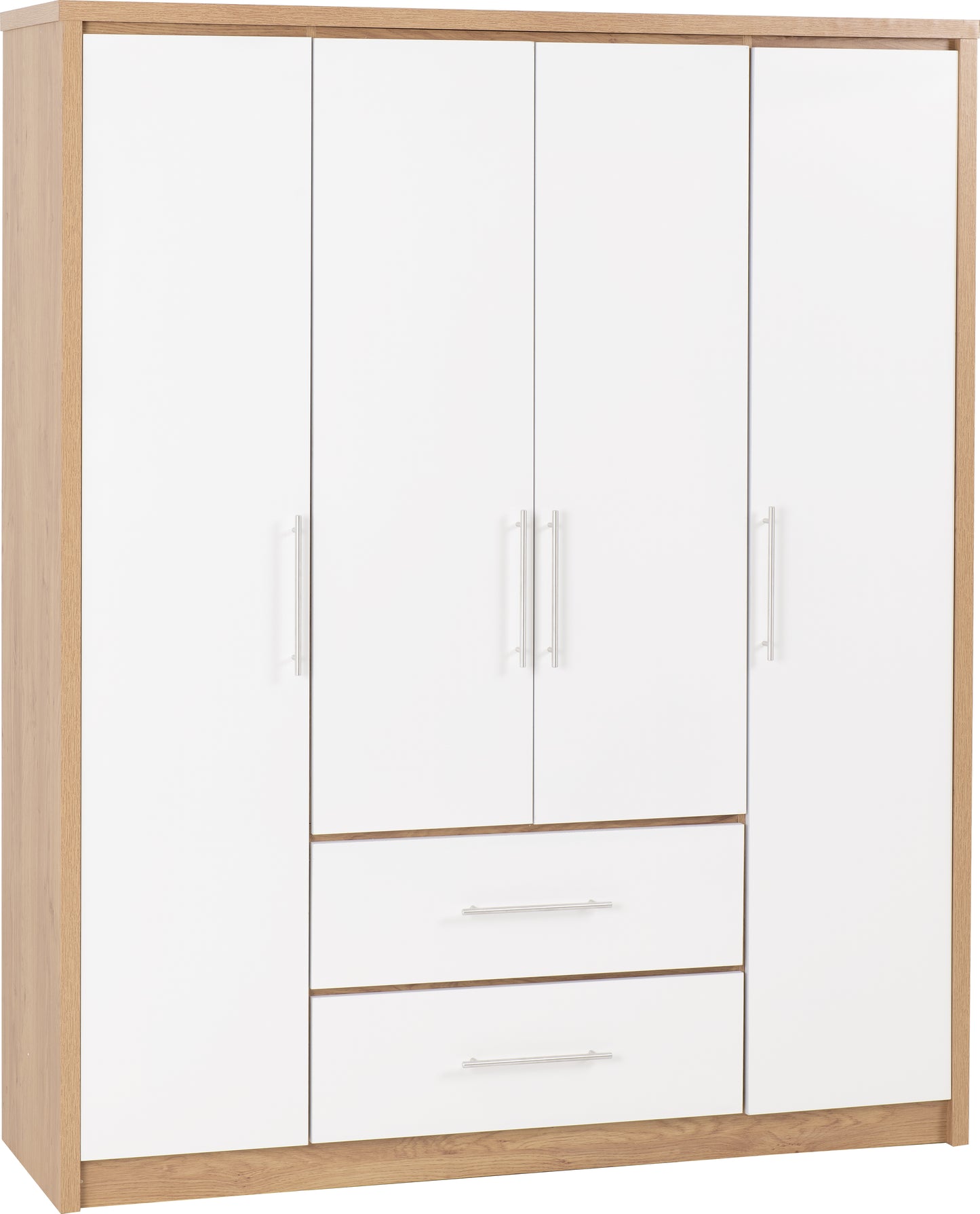 SEVILLE 4 DOOR 2 DRAWER WARDROBE - WHITE HIGH GLOSS/LIGHT OAK EFFECT VENEER