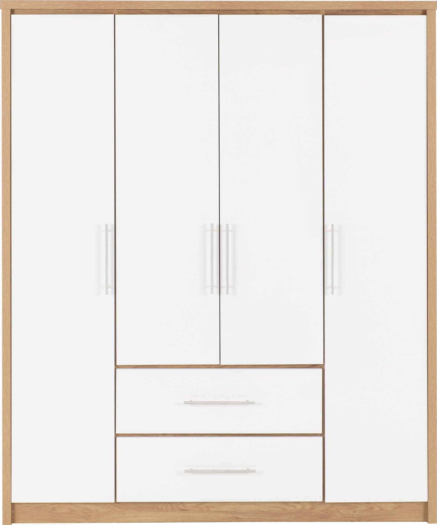 SEVILLE 4 DOOR 2 DRAWER WARDROBE - WHITE HIGH GLOSS/LIGHT OAK EFFECT VENEER