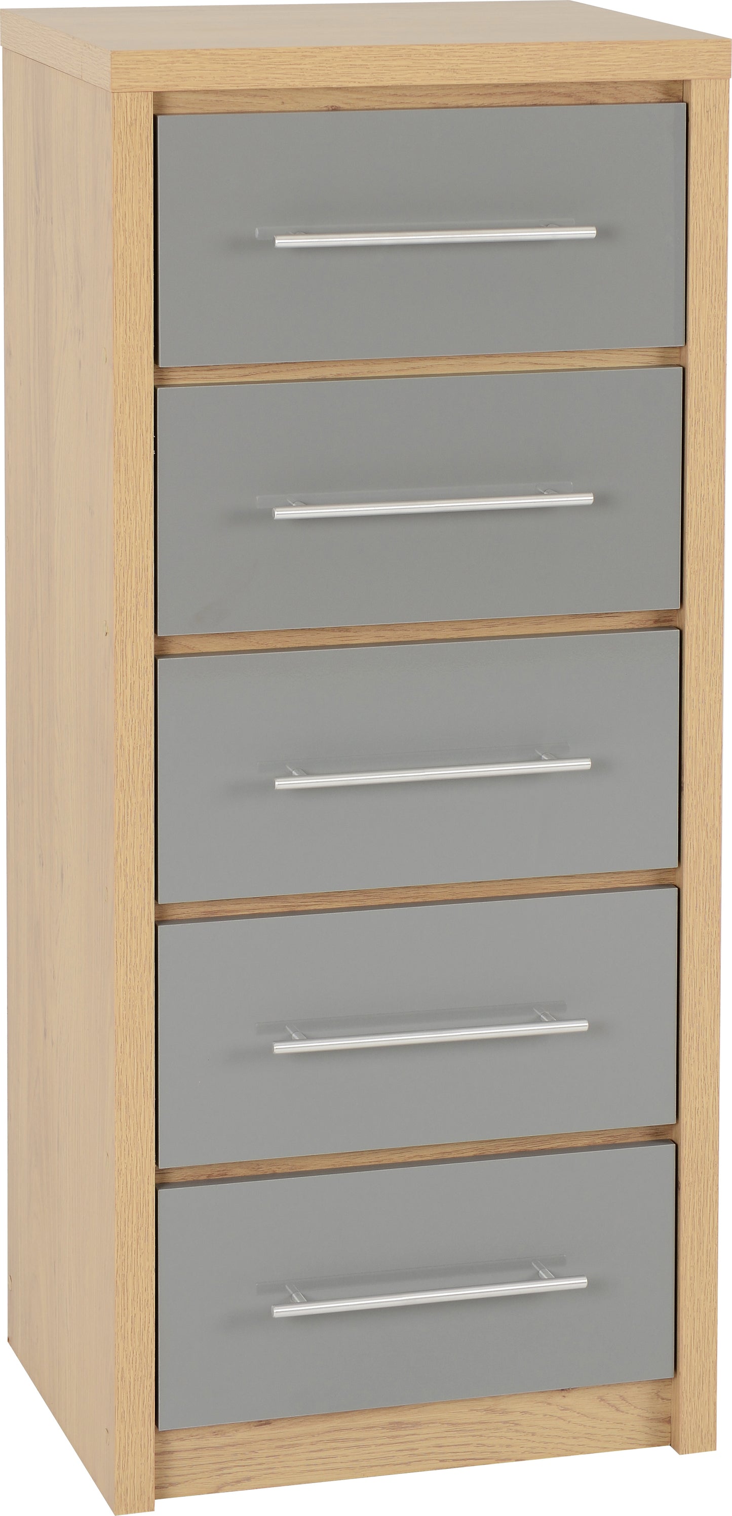 SEVILLE 5 DRAWER NARROW CHEST - GREY HIGH GLOSS/LIGHT OAK EFFECT VENEER