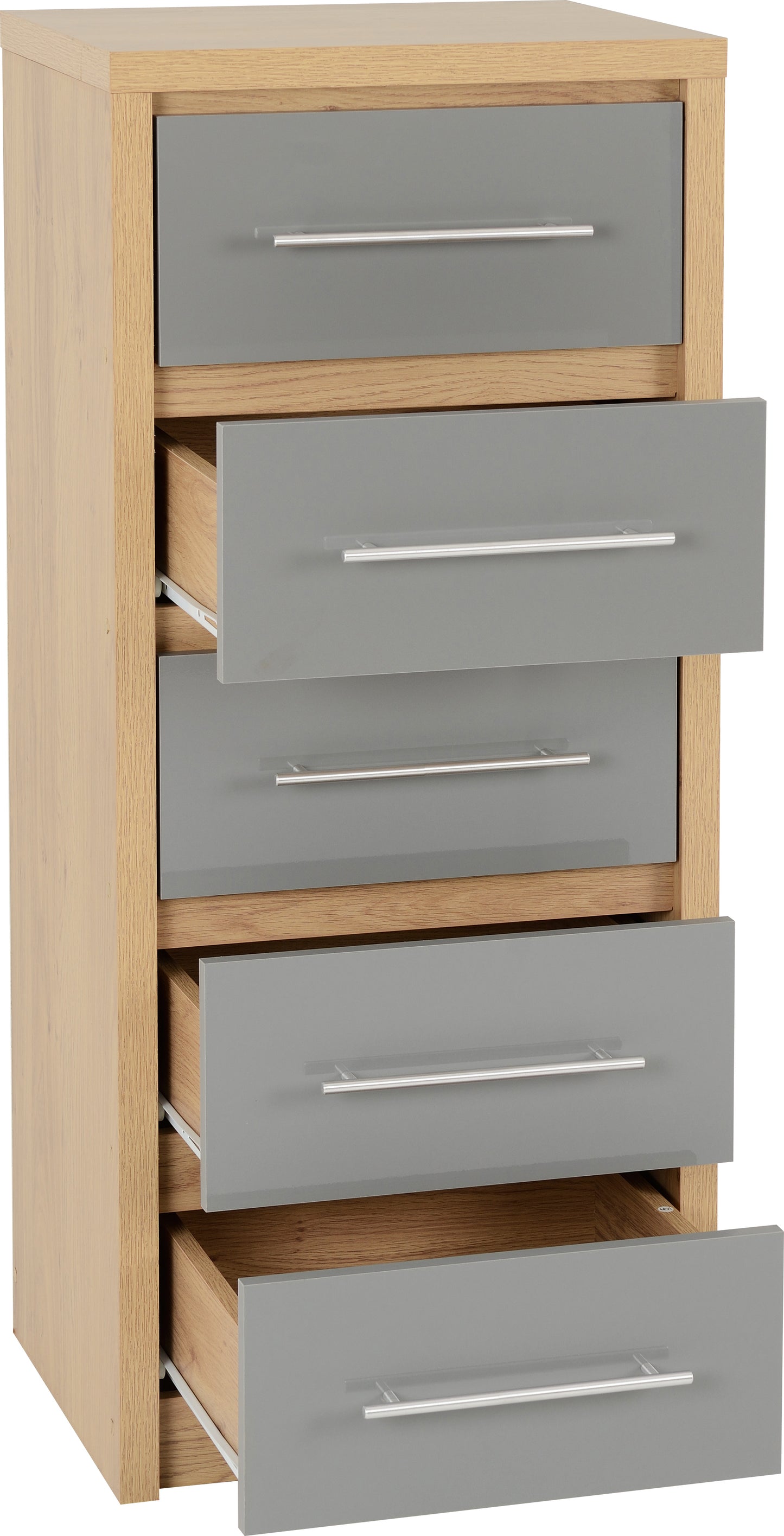 SEVILLE 5 DRAWER NARROW CHEST - GREY HIGH GLOSS/LIGHT OAK EFFECT VENEER