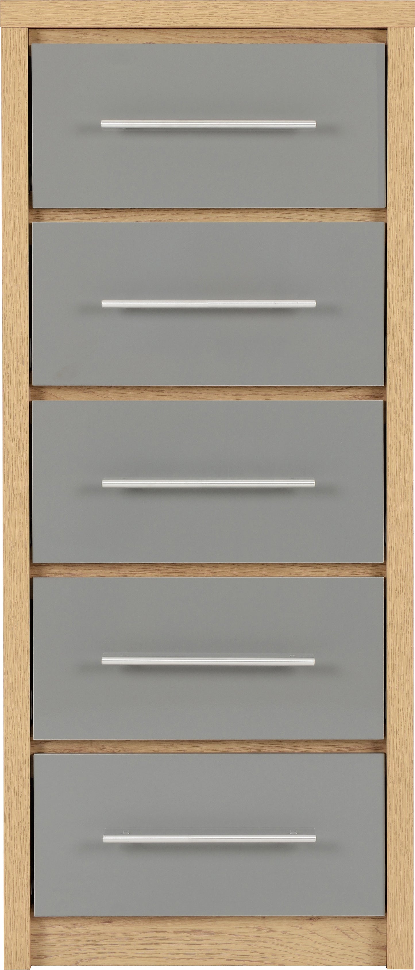 SEVILLE 5 DRAWER NARROW CHEST - GREY HIGH GLOSS/LIGHT OAK EFFECT VENEER