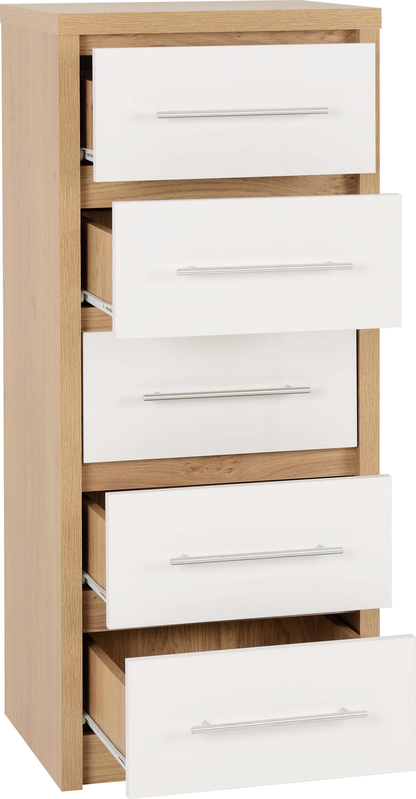 SEVILLE 5 DRAWER NARROW CHEST - WHITE HIGH GLOSS/LIGHT OAK EFFECT VENEER