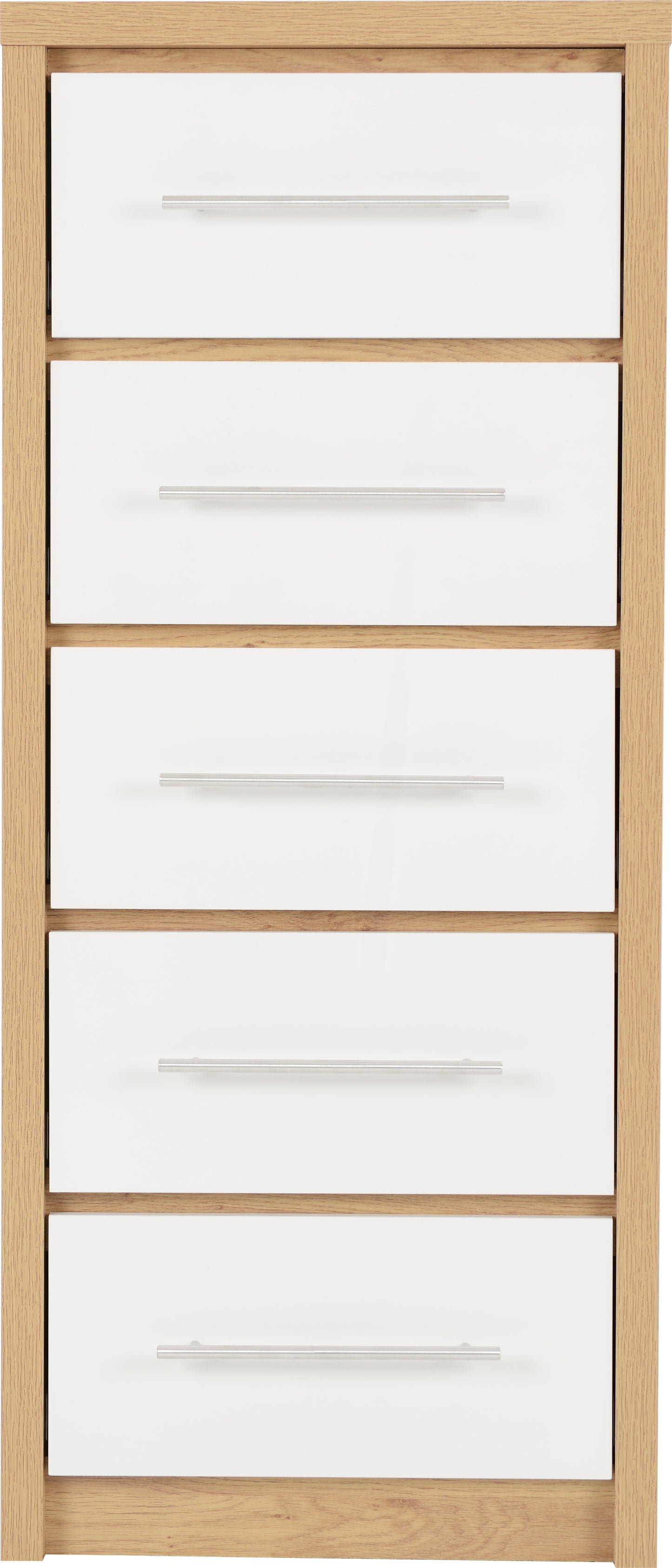 SEVILLE 5 DRAWER NARROW CHEST - WHITE HIGH GLOSS/LIGHT OAK EFFECT VENEER