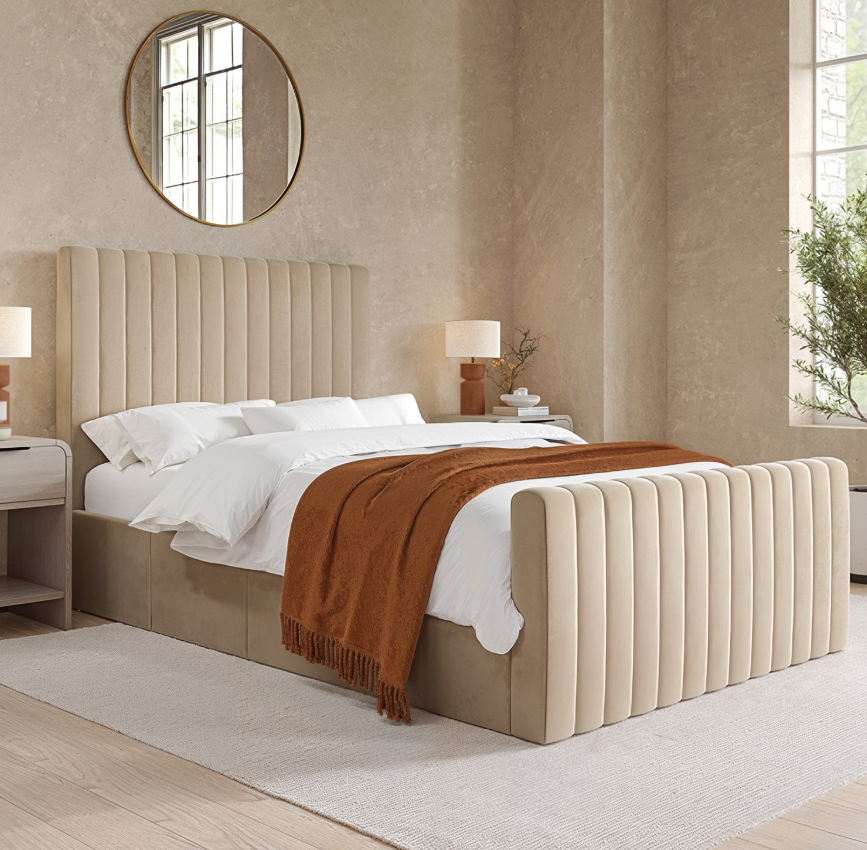 Beige Khloe Velvet Side-Lift Ottoman Bed