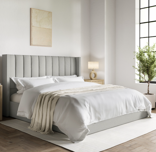 Grey Upholstered Ottoman Bed With Winged Headboard - Maddox