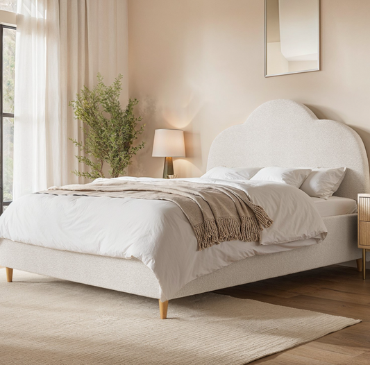 Off-White Boucle Ottoman Bed with Legs and Scalloped Headboard - Roma