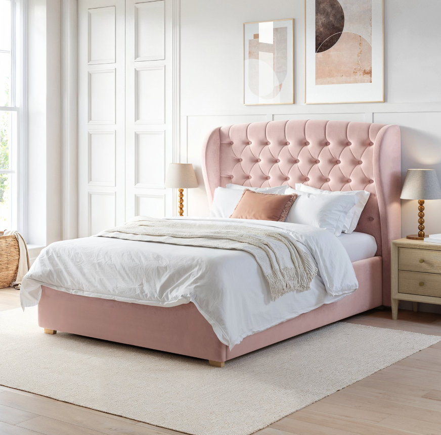 Pink Velvet Ottoman Bed with Winged Headboard Safina
