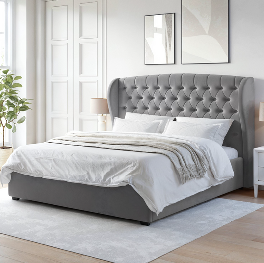 Grey Velvet Ottoman Bed with Winged Headboard - Safina