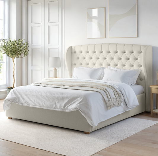 Cream Fabric Ottoman Bed with Winged Headboard - Safina