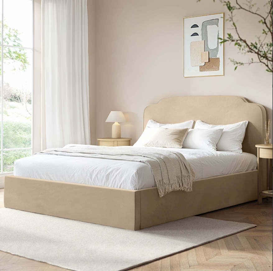 Beige Velvet Ottoman Bed with Scalloped Headboard - Siena