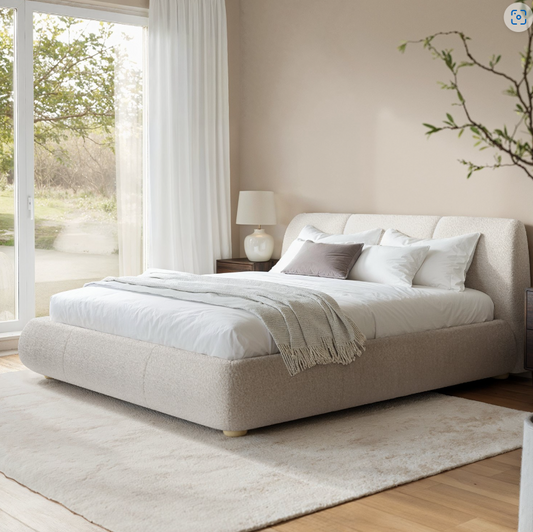 Beige Boucle Side-Lift Ottoman Bed with Cushioned Headboard - Ciara