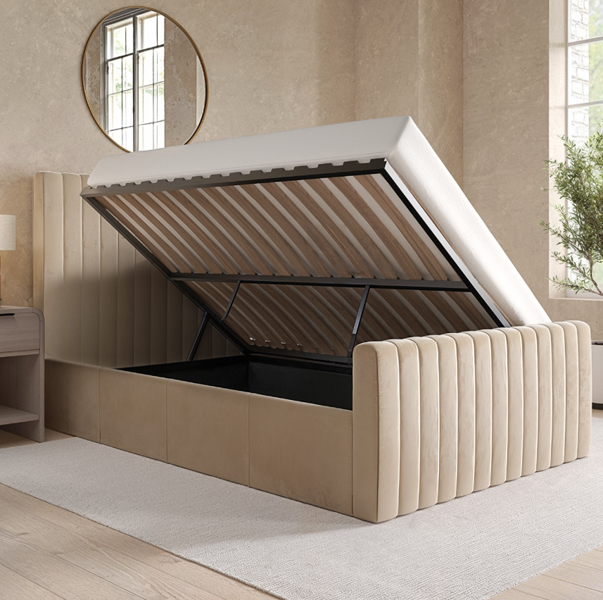 Beige Khloe Velvet Side-Lift Ottoman Bed