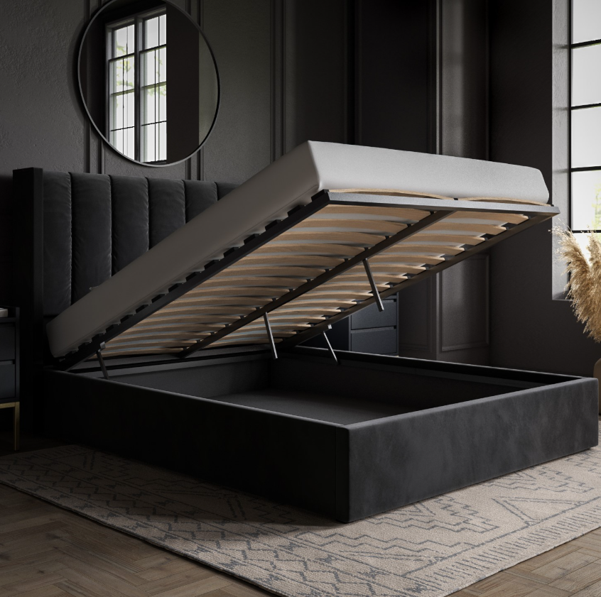 Black Velvet Ottoman Bed With Winged Headboard - Maddox