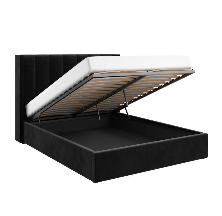 Black Velvet Ottoman Bed With Winged Headboard - Maddox