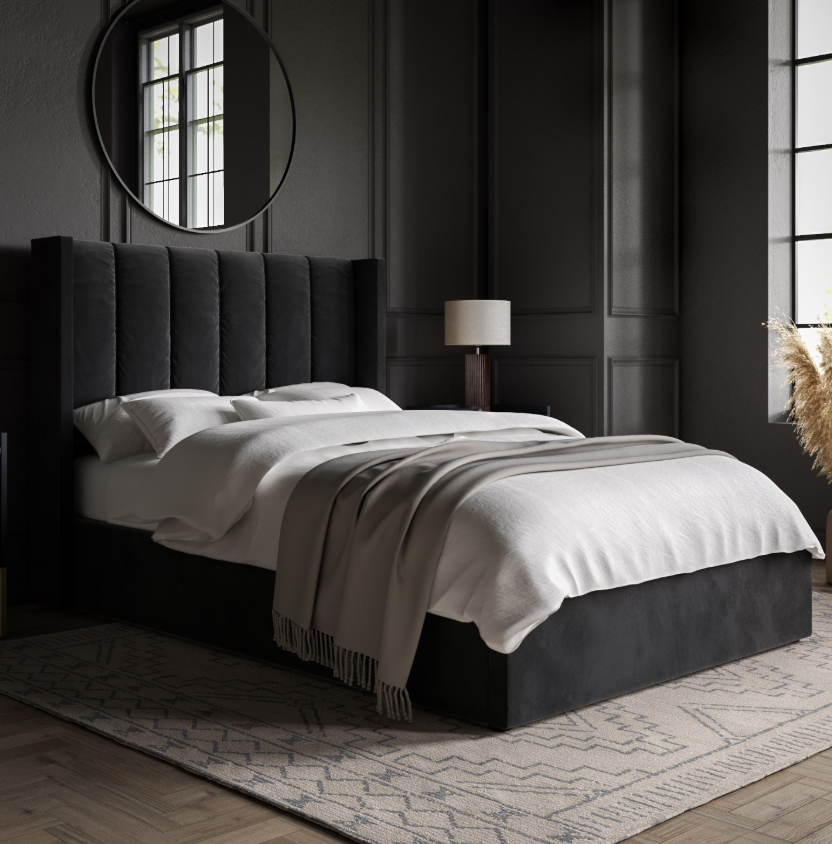 Black Velvet Ottoman Bed With Winged Headboard - Maddox